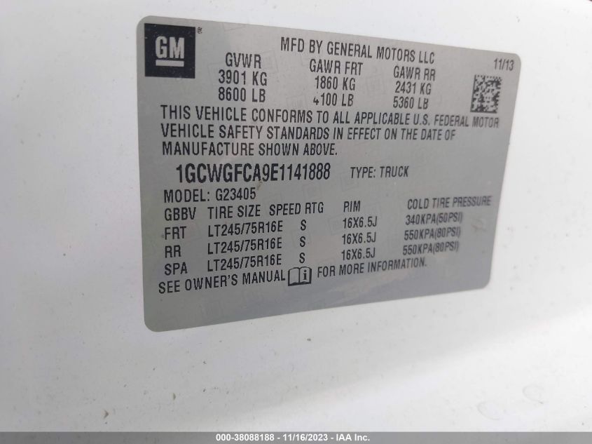 2014 CHEVROLET EXPRESS 2500 WORK VAN 1GCWGFCA9E1141888