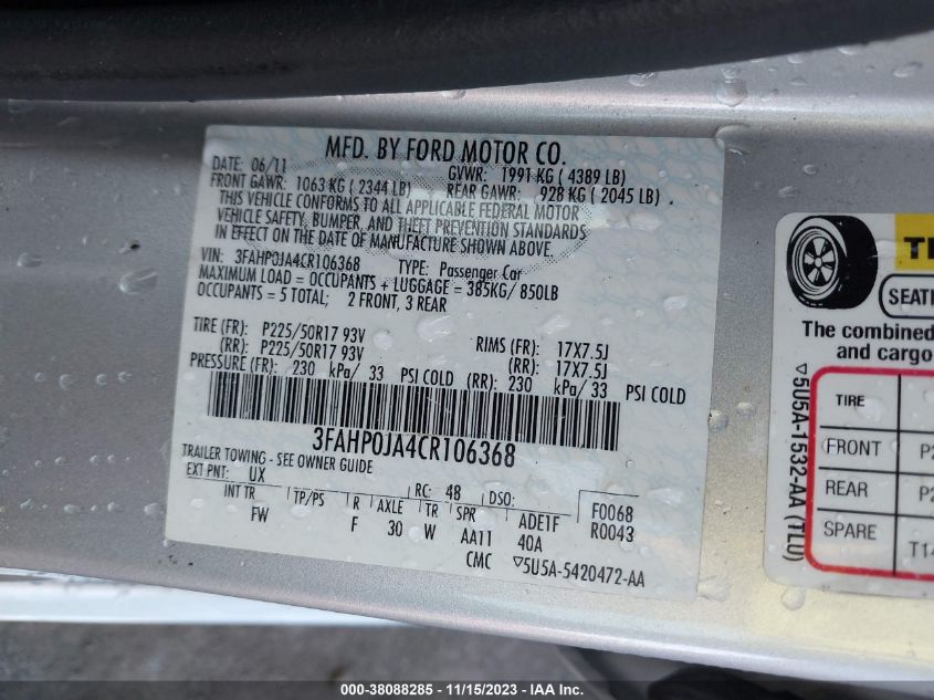 3FAHP0JA4CR106368 | 2012 FORD FUSION