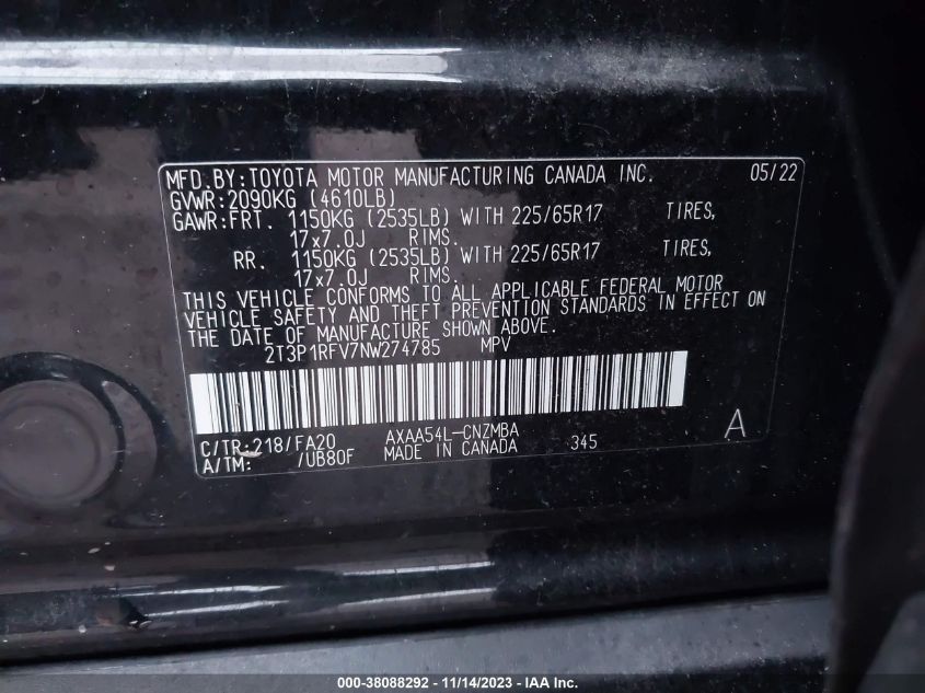 VIN 2T3P1RFV7NW274785 2022 TOYOTA RAV4 no.9