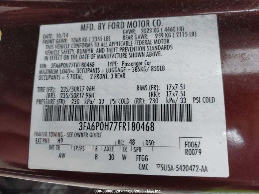 2015 FORD FUSION SE - 3FA6P0H77FR180468