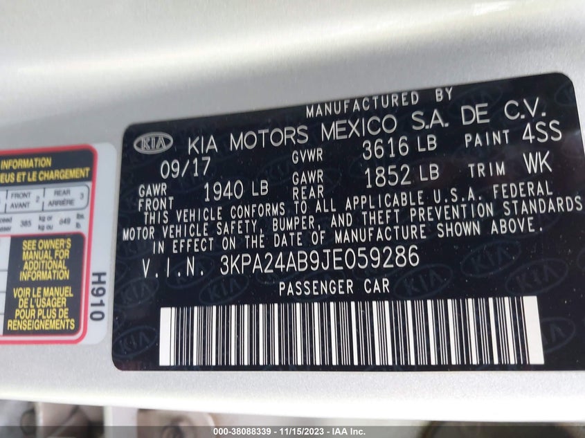 VIN 3KPA24AB9JE059286 2018 KIA RIO LX/S