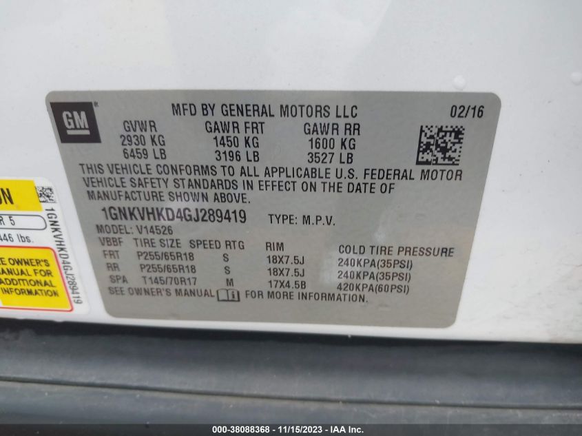 2016 CHEVROLET TRAVERSE LT - 1GNKVHKD4GJ289419