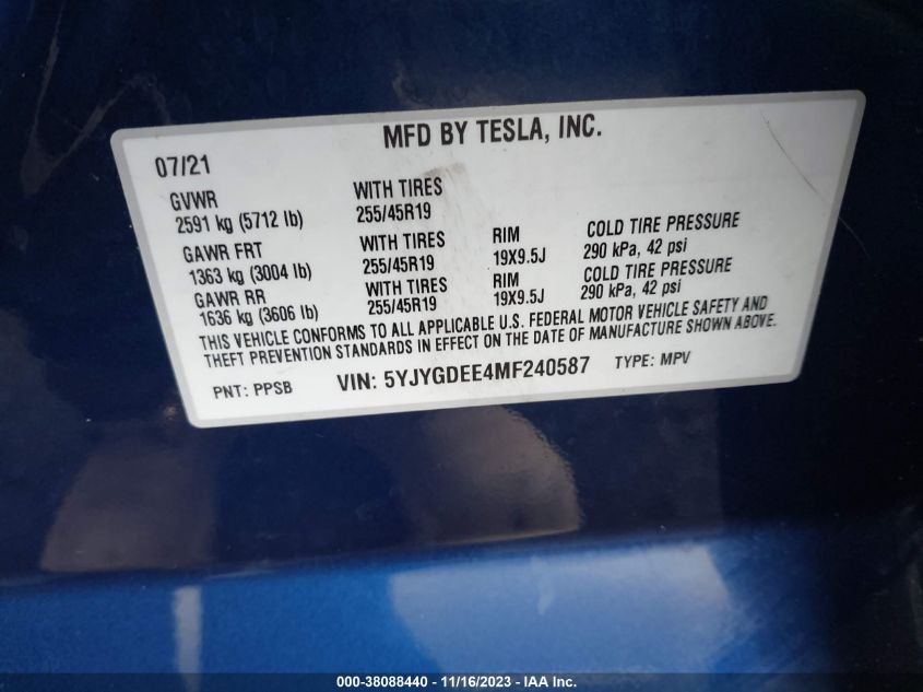 2021 TESLA MODEL Y - 5YJYGDEE4MF240587