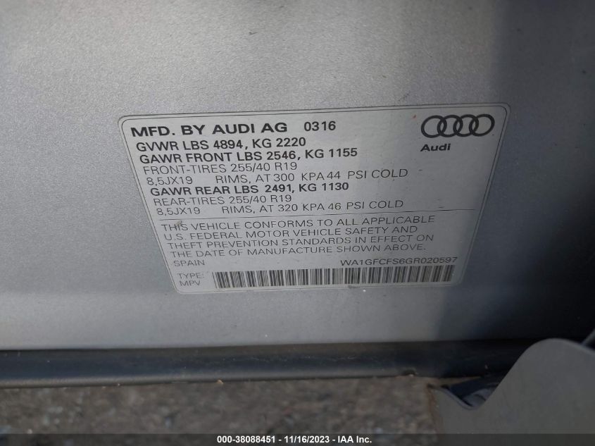 2016 AUDI Q3 2.0T PREMIUM PLUS - WA1GFCFS6GR020597