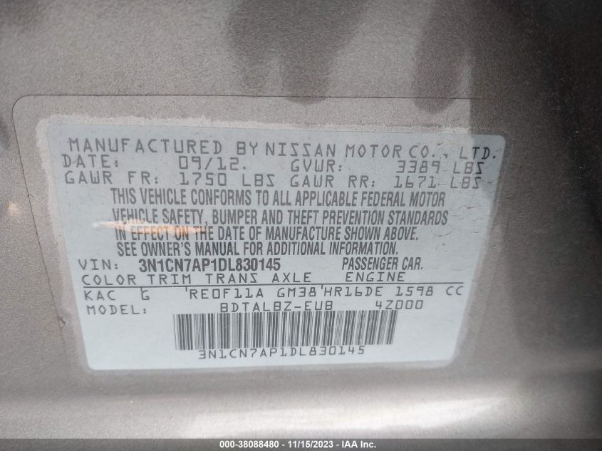 2013 NISSAN VERSA 1.6 SV - 3N1CN7AP1DL830145