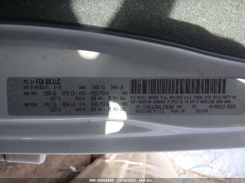 2016 JEEP WRANGLER UNLIMITED SPORT - 1C4BJWDG0GL238360