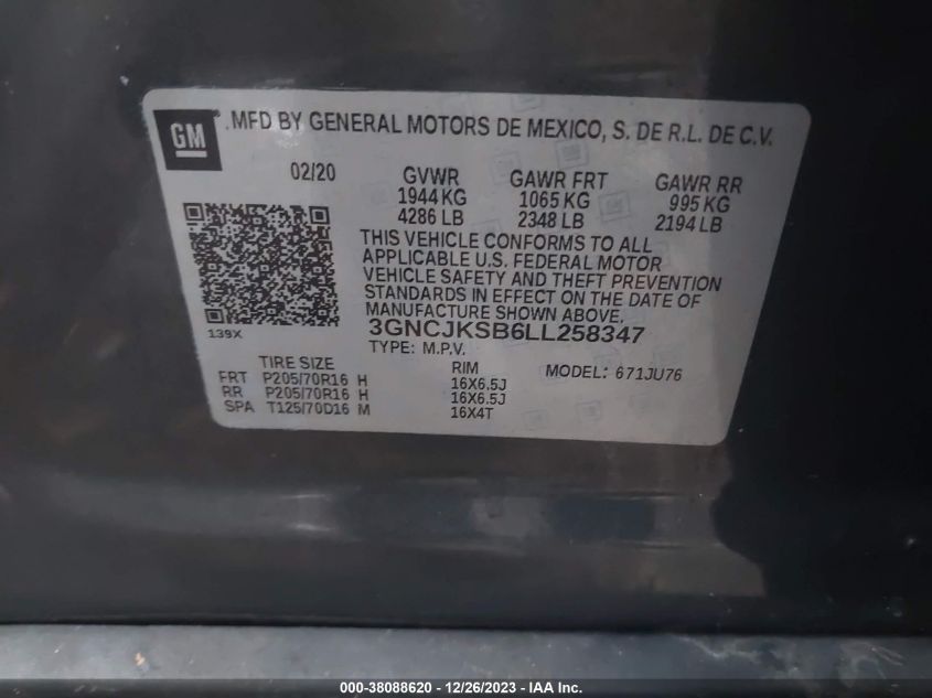 2020 CHEVROLET TRAX FWD LS - 3GNCJKSB6LL258347