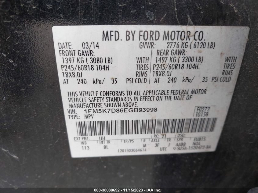 2014 FORD EXPLORER XLT - 1FM5K7D86EGB93998