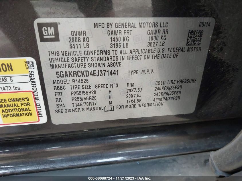 2014 BUICK ENCLAVE PREMIUM - 5GAKRCKD4EJ371441