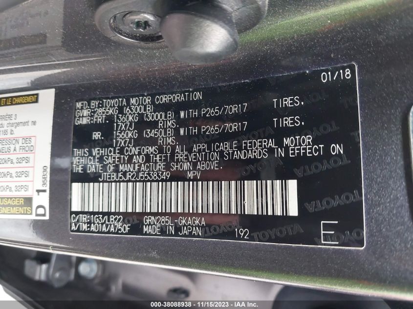 2018 TOYOTA 4RUNNER SR5 PREM/LTDL/TRAIL/TRD - JTEBU5JR2J5538349