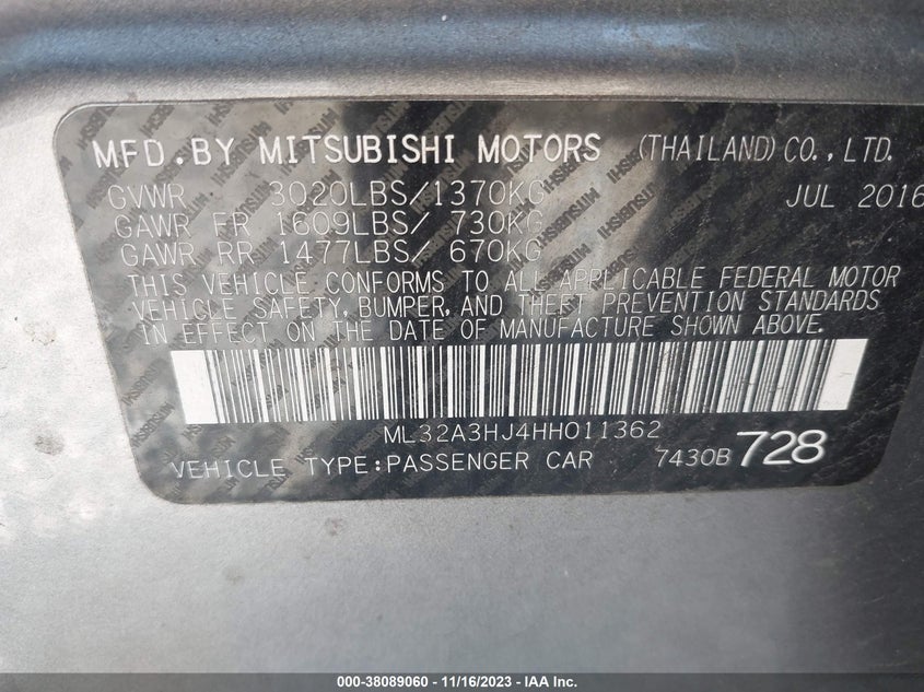 VIN ML32A3HJ4HH011362 2017 MITSUBISHI MIRAGE ES