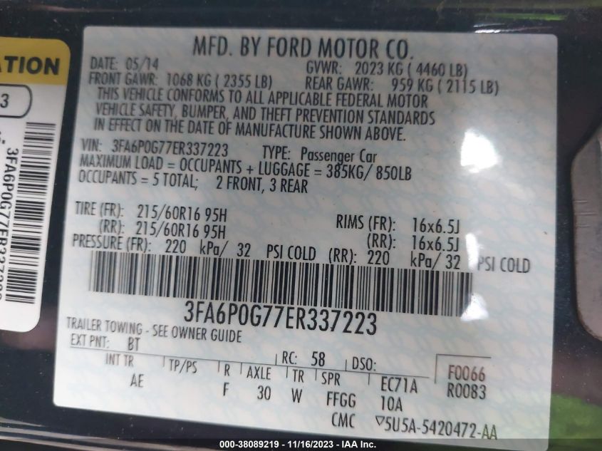 2014 FORD FUSION S - 3FA6P0G77ER337223