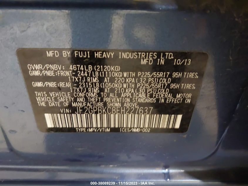 2014 SUBARU XV CROSSTREK HYBRID 2.0I HYBRID TOURING JF2GPBKC8EH227637