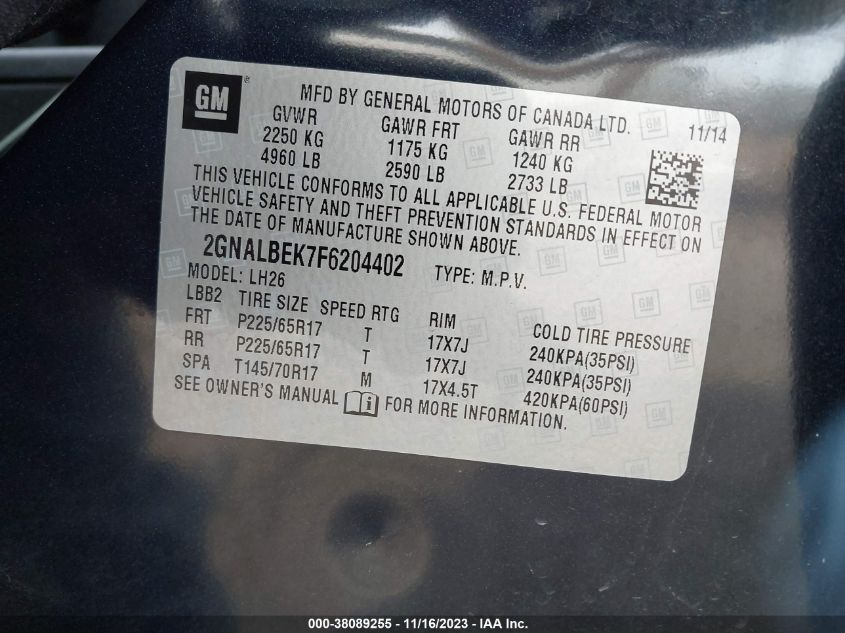 2015 CHEVROLET EQUINOX LT - 2GNALBEK7F6204402