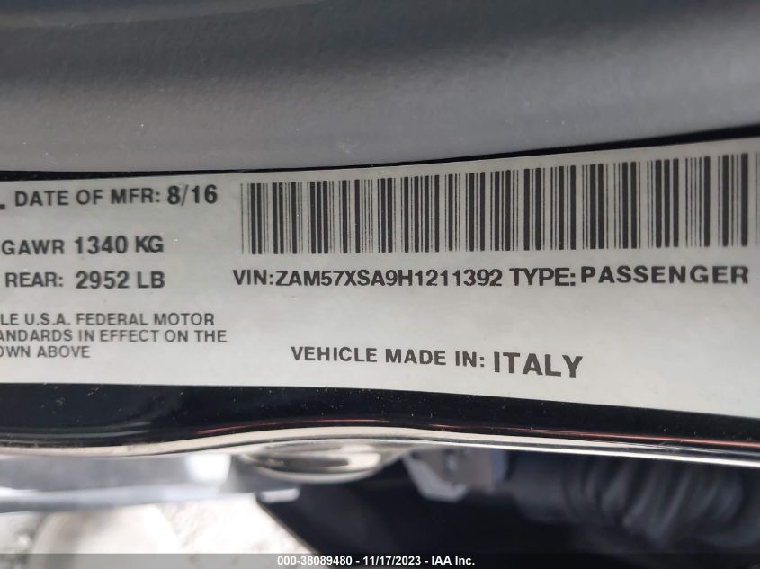2017 MASERATI GHIBLI ZAM57XSA9H1211392
