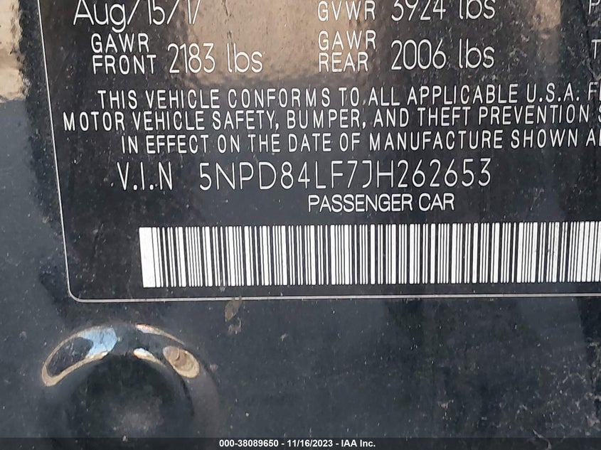 VIN 5NPD84LF7JH262653 2018 HYUNDAI ELANTRA SEL/VALUE/LIMITED