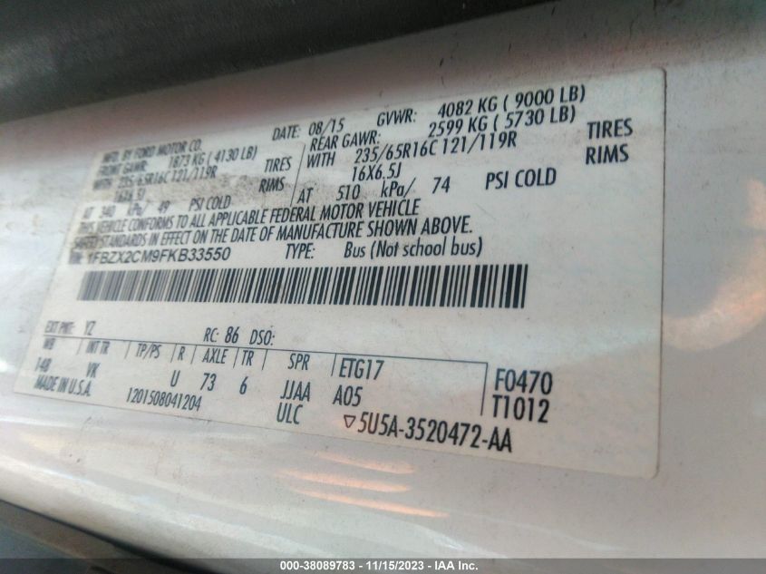 2015 FORD TRANSIT-350 XL - 1FBZX2CM9FKB33550