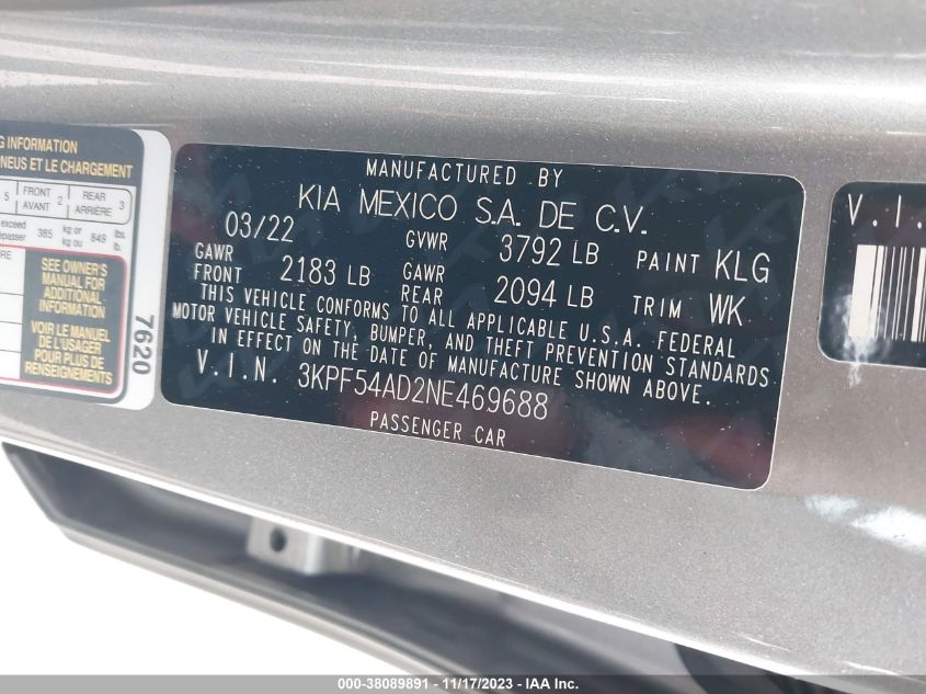 2022 KIA FORTE GT-LINE - 3KPF54AD2NE469688