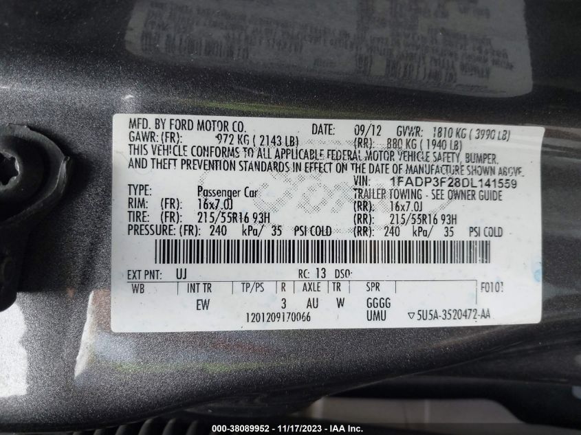 2013 FORD FOCUS SE - 1FADP3F28DL141559