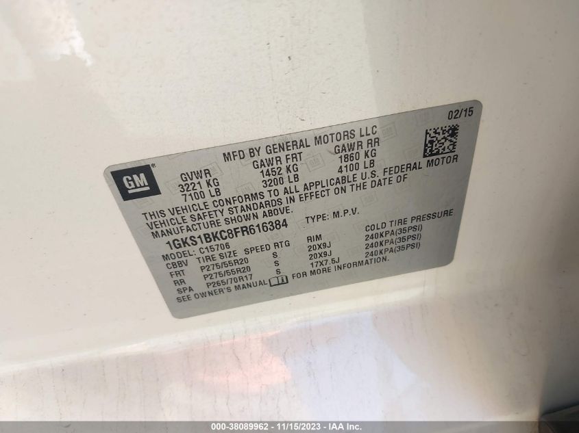 2015 GMC YUKON SLT - 1GKS1BKC8FR616384