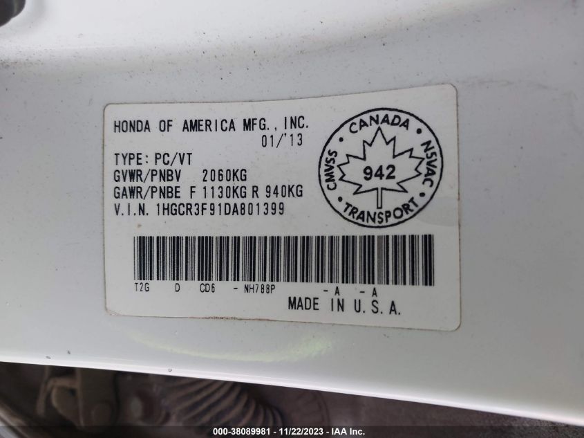 2013 HONDA ACCORD TOURING - 1HGCR3F91DA801399
