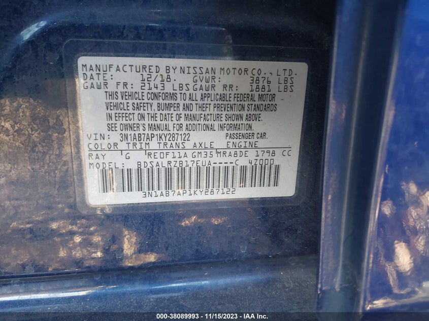 VIN 3N1AB7AP1KY287122 2019 NISSAN SENTRA S/SV/SR/SL