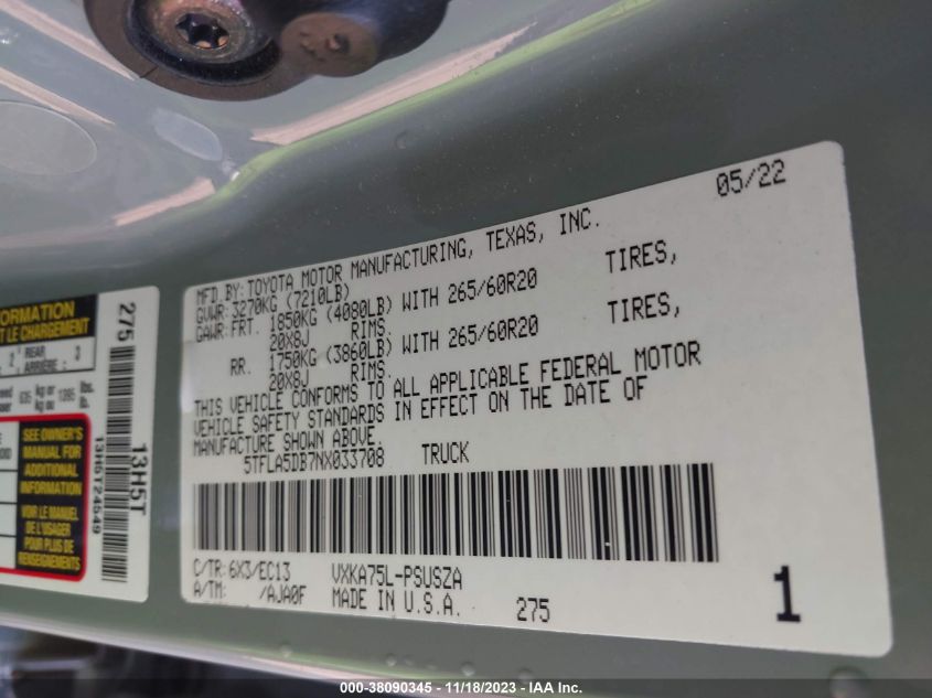 VIN 5TFLA5DB7NX033708 2022 TOYOTA TUNDRA SR5