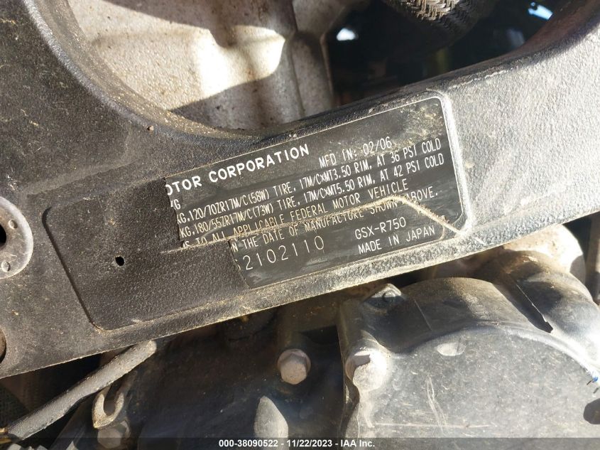 2006 SUZUKI GSX-R750 K6 JS1GR7KA862102110