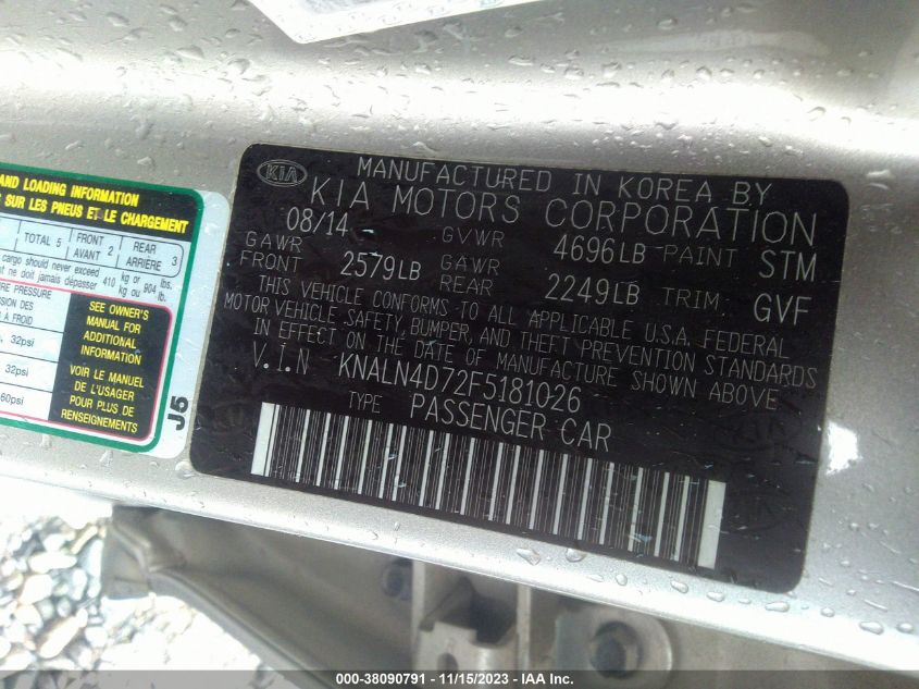 2015 KIA CADENZA PREMIUM KNALN4D72F5181026