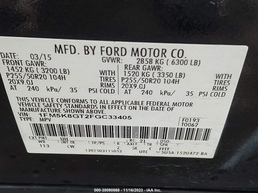 2015 FORD EXPLORER SPORT - 1FM5K8GT2FGC33405