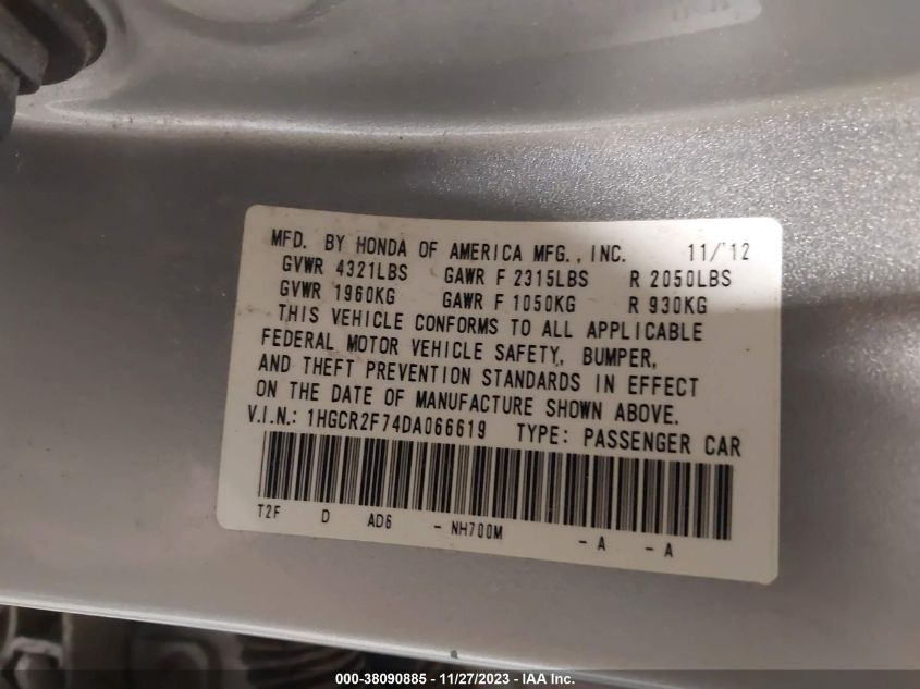 2013 HONDA ACCORD EX - 1HGCR2F74DA066619