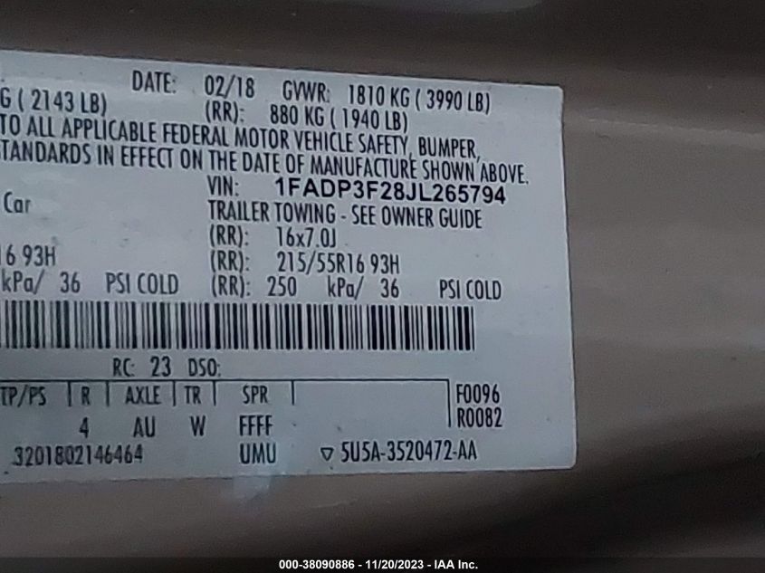 2018 FORD FOCUS SE - 1FADP3F28JL265794