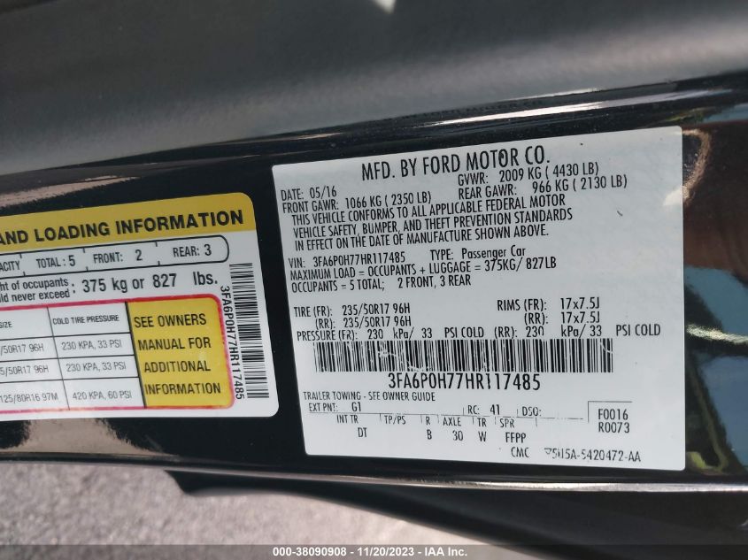 2017 FORD FUSION SE - 3FA6P0H77HR117485