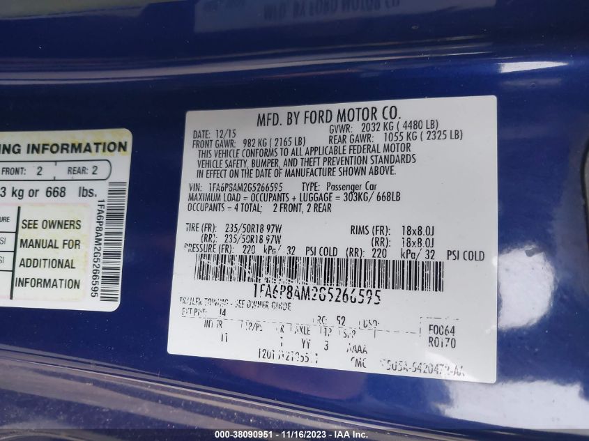 2016 FORD MUSTANG - 1FA6P8AM2G5266595