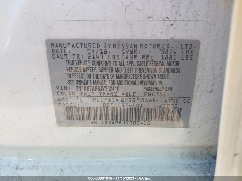 VIN 3N1AB7AP8JY302410 2018 NISSAN SENTRA S/SV/SR/SL