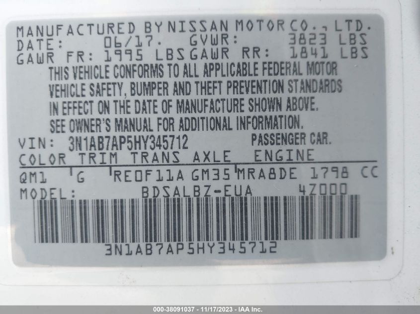 2017 NISSAN SENTRA S - 3N1AB7AP5HY345712
