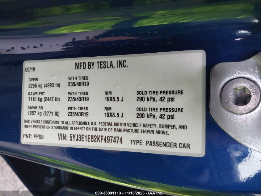 2019 TESLA MODEL 3 - 5YJ3E1EB2KF497474