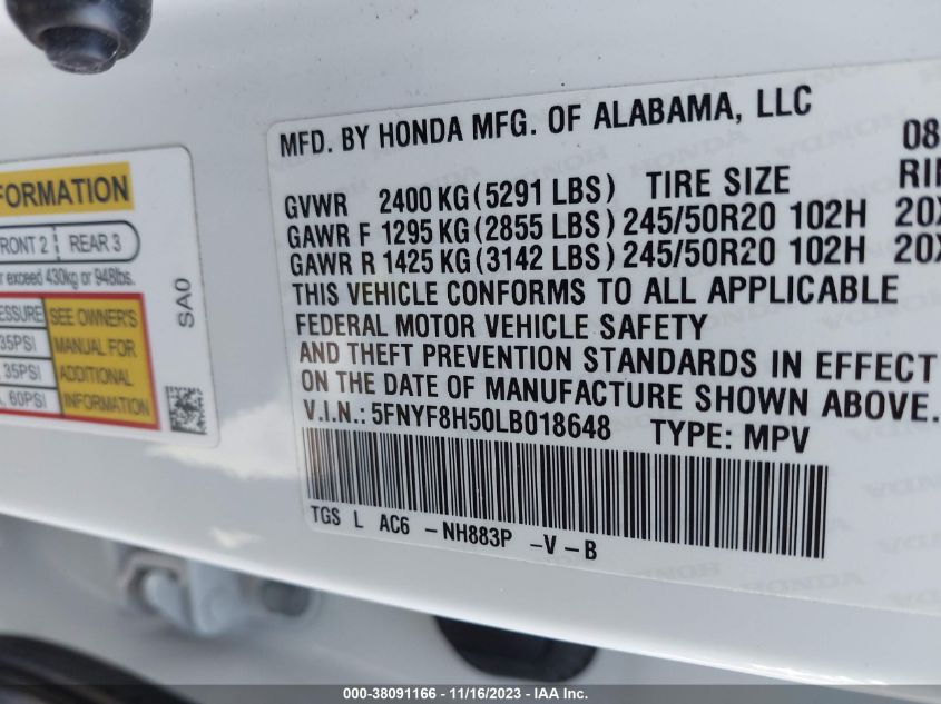 VIN 5FNYF8H50LB018648 2020 HONDA PASSPORT EXL