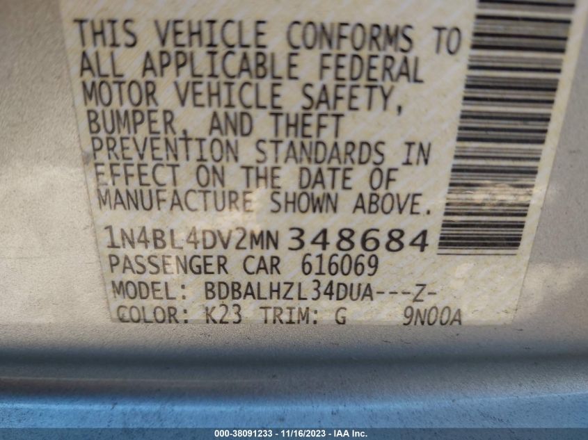 2021 NISSAN ALTIMA SV FWD - 1N4BL4DV2MN348684