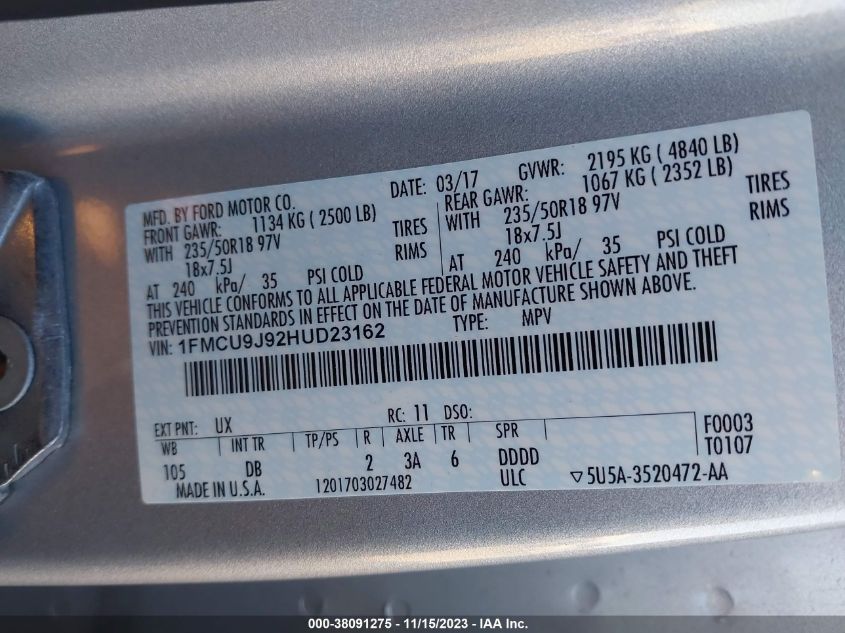 1FMCU9J92HUD23162 2017 FORD ESCAPE, photo no. 9