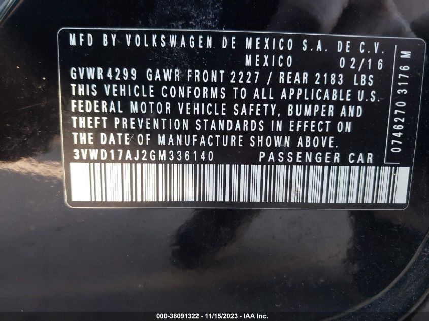 2016 VOLKSWAGEN JETTA SPORT - 3VWD17AJ2GM336140