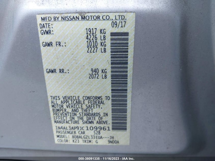 2018 NISSAN ALTIMA 2.5/S/SV/SL/SR - 1N4AL3AP9JC109961