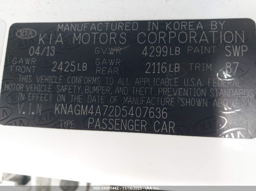 2013 KIA OPTIMA LX - KNAGM4A72D5407636