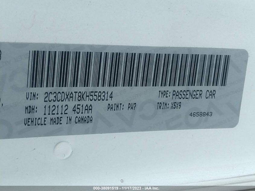 2019 DODGE CHARGER POLICE RWD - 2C3CDXAT8KH558314