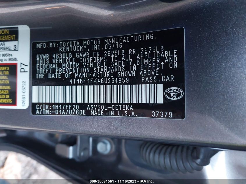 2016 TOYOTA CAMRY LE/XLE/SE/XSE - 4T1BF1FK4GU254959