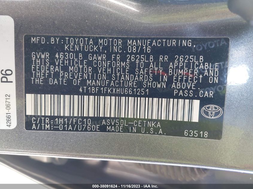2017 TOYOTA CAMRY LE/XLE/SE/XSE - 4T1BF1FKXHU661251