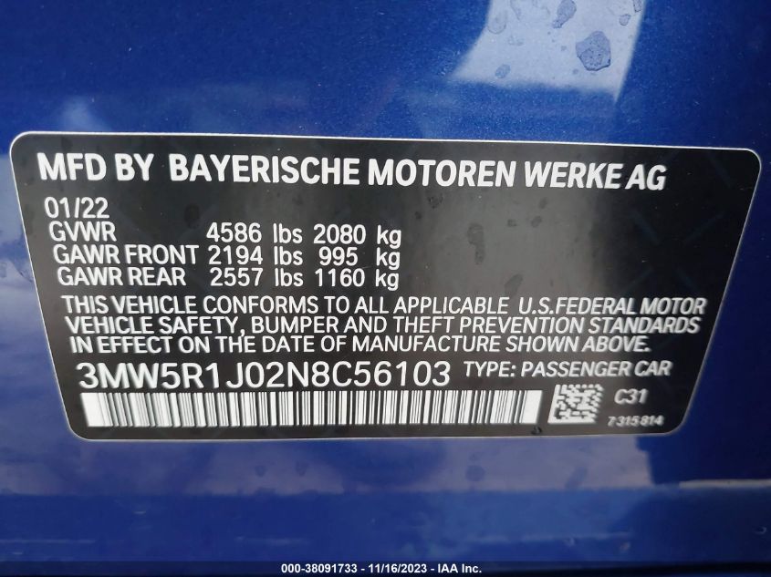 2022 BMW 330I - 3MW5R1J02N8C56103