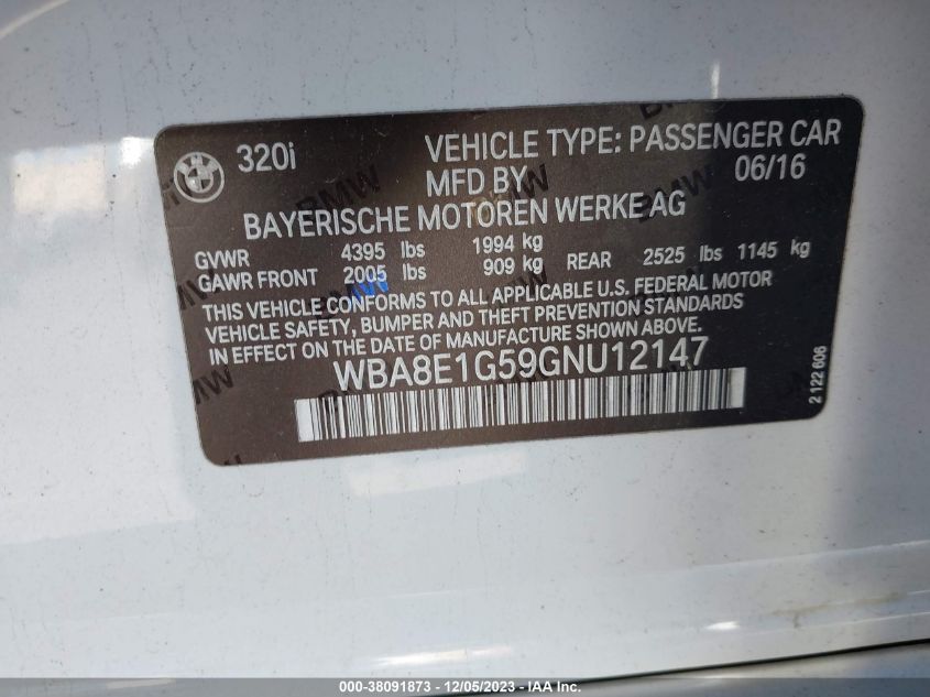 2016 BMW 320I WBA8E1G59GNU12147