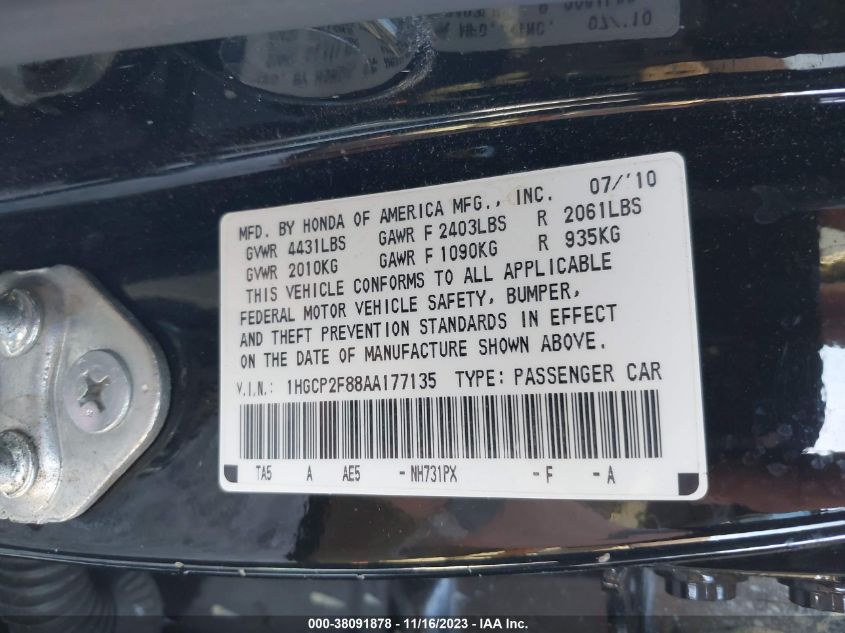 1HGCP2F88AA177135 | 2010 HONDA ACCORD