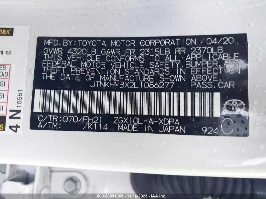 2020 TOYOTA C-HR XLE/LE/LIMITED - JTNKHMBX2L1086277